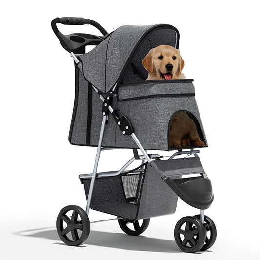 Pet Stroller for Small Dogs 10 lbs, Dog Stroller for Medium Dogs 30 lbs, Cat Strollers for 2 Cats, 3 Wheels Foldable Jogger Puppy Stroller with Storage Basket and Cup Holder, Grey