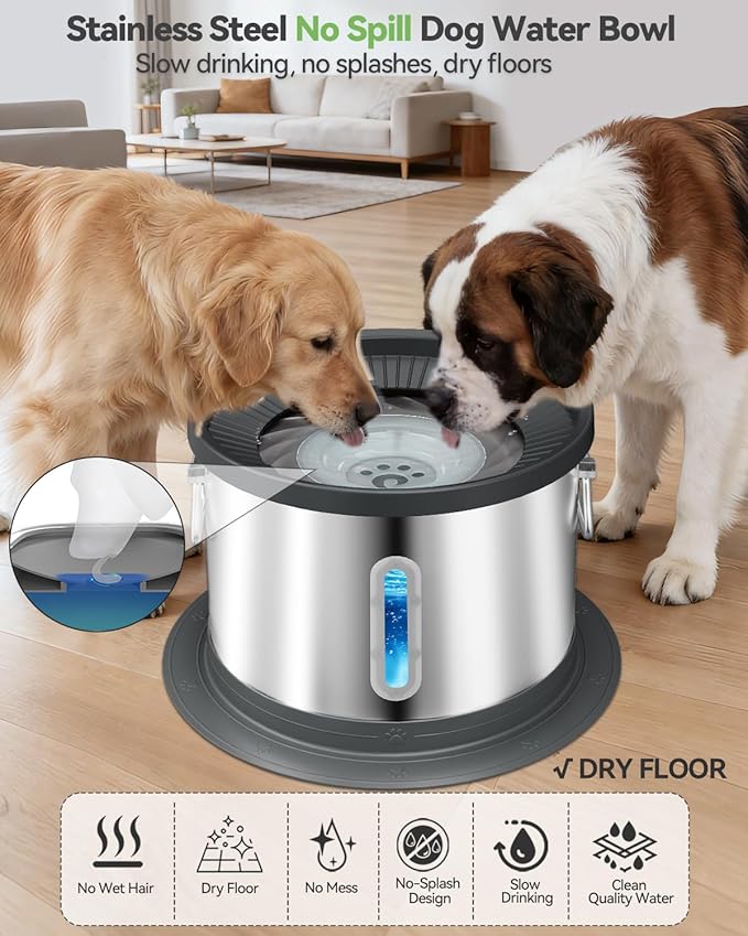 UPSKY 14L No Spill Dog Water Bowl, Stainless Steel Spill Proof Dog Bowl with Water Window, Dual-Suction Anti-Slip Large Capacity Slow Drinking Bowl with Floating Disk for Large Dogs & Messy Drinkers