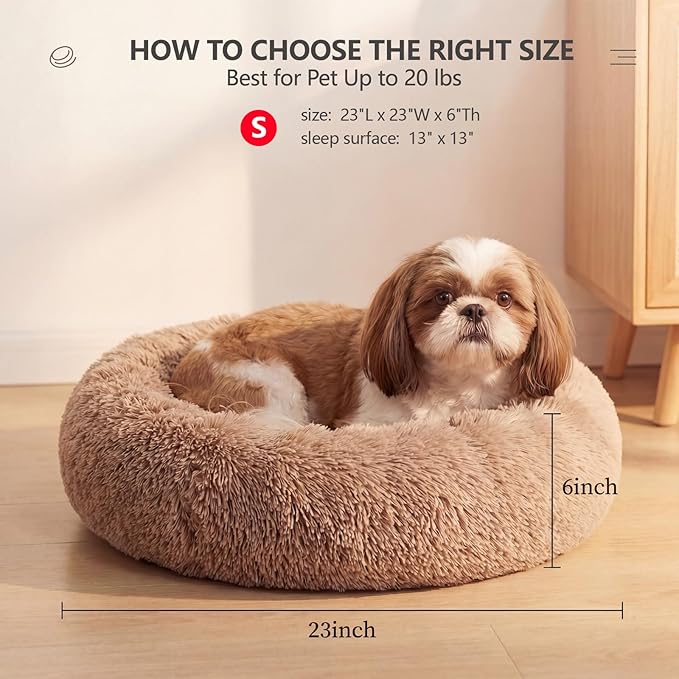 Calming Donut Dogs Beds for Small Dogs Washable,23inch Plush Round Pet Bed for Cozy Sleep,Fluffy Faux Fur Large Cat Bed,Fits up to 25 lbs Pets,Camel