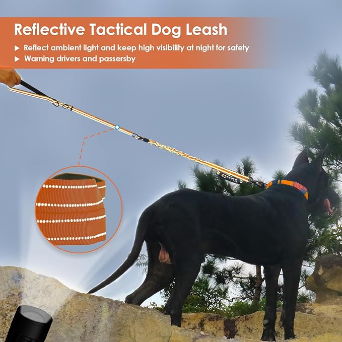 AUBELL Tactical Dog Leash Heavy Duty,4-6ft Reflective Strong No Pull Bungee Leash for Small Dogs with Comfortable Padded Double Handle,Car Seat Belt,360 Degree Rotating Carabiner,Orange