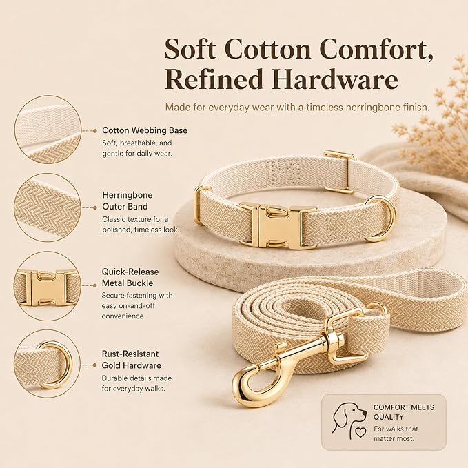 Herringbone Tweed Dog Collar and Leash Set for Large Dogs, Light Beige | Snag-free, no-rub design. Soft breathable cotton, gentle on fur. Adjustable durable matching combo for walks & outdoors.