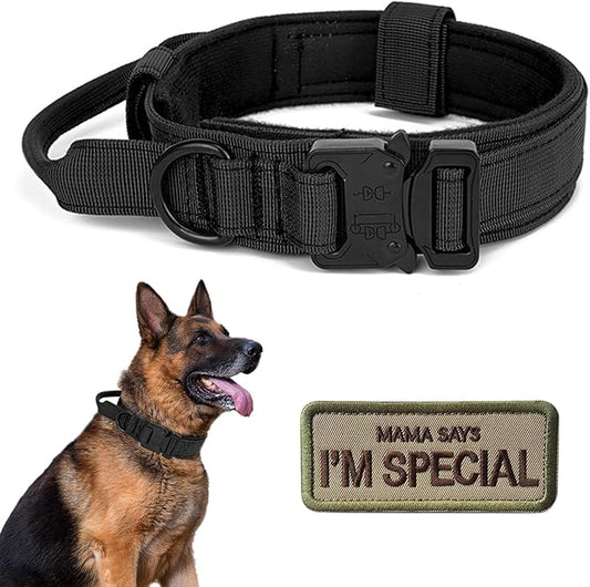 Tactical Dog Collar with Handle - Military Adjustable Dog Training Collar Soft Nylon and Heavy Duty Metal Buckle for Medium Large Dogs - with Patch (Black, Medium)