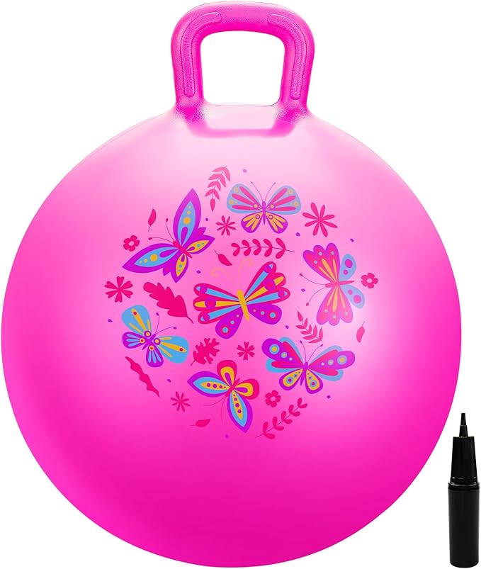 Hopper Ball, Pink Butterfly Hopping Toys for Kids, 18 Inch Bouncy Ball with Handle, Indoor Outdoor Inflatable Hoppity Hop Toy for Girls Boys Gift with Free Pump