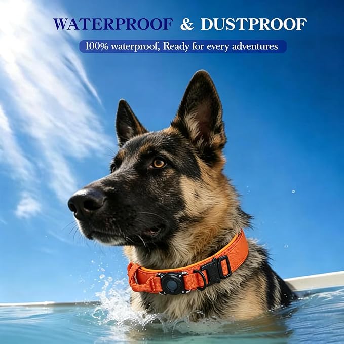 Upgraded AirTag Dog Collar,Waterproof Tactical Dog Collar with AirTag Holder, Control Handle and Metal Buckle,Heavy Duty Dog Collars for Large Dogs(Orange，XXL