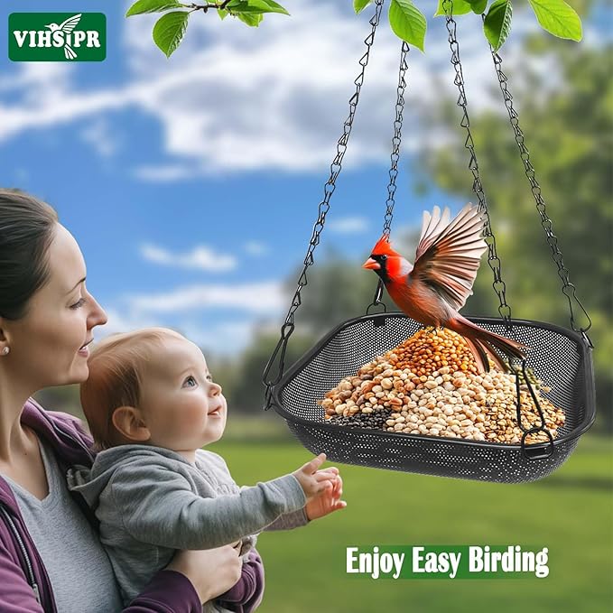 Hanging Bird Feeder for Outdoors – 11 in Square Metal Mesh Bird Feeder Tray Platform for Wild Birds, Black