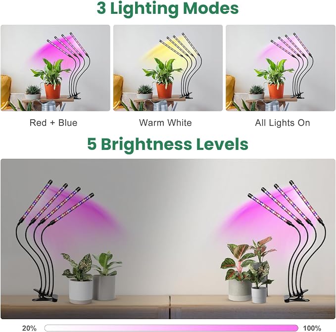 Grow Light, 4 Head Full Spectrum Plant Light with Clip, 2Pack | 6000K Plant Light, Timer 6/12/16Hrs, 3 Spectrums, 5 Dimmable Levels, Flexible Gooseneck