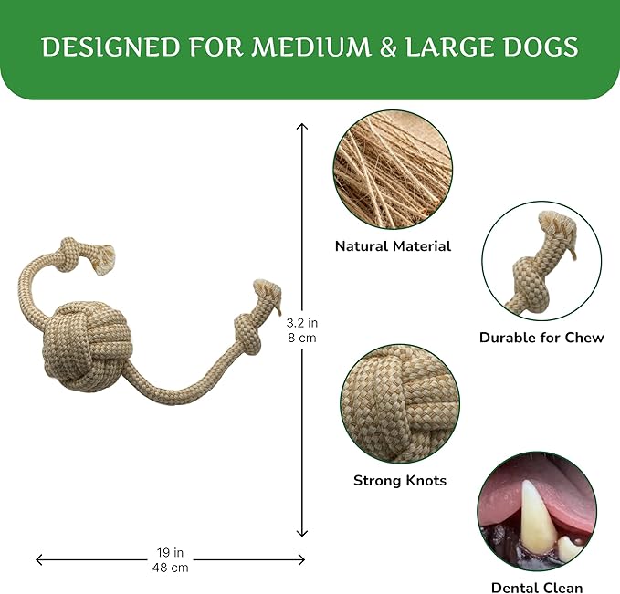 Natural Hemp Dog Rope Toy, Durable Chew and Tug Toy for Medium and Large Dogs, Biodegradable Dental Cleaning Pet Toy (Knots Ball)