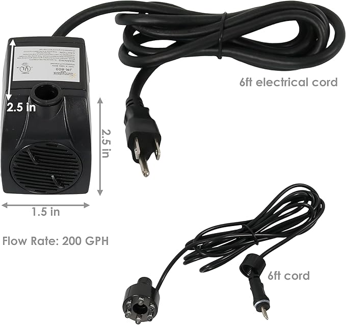 Sunnydaze 200GPH Submersible Fountain Pump with White LEDs & Transformer | 12V Small Fountain Pump with Adjustable Flow, Hose Adapters, 6' Cord, 4.3' Lift, Water Pump for Fountain, Bird Bath, Aquarium