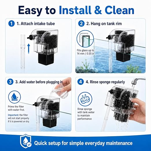 SLOCME Mini Waterfall Aquarium Filter, Adjustable Flow Hang-on-Back Filter for 1-10 Gallon Fish Tanks, Quiet 3W Filter for Betta Fish, Shrimp & Small Aquariums