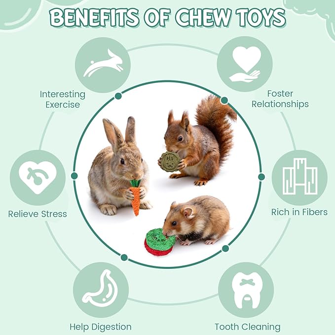 Rabbit Toys Bunny Chew Toys for Teeth, Treats for Chinchilla Rat Squirrel with Natural Apple Wood & Timothy Hay Sticks, Guinea Pig Enrichment Toys Hamster Cage Accessories for Small Pets Indoor