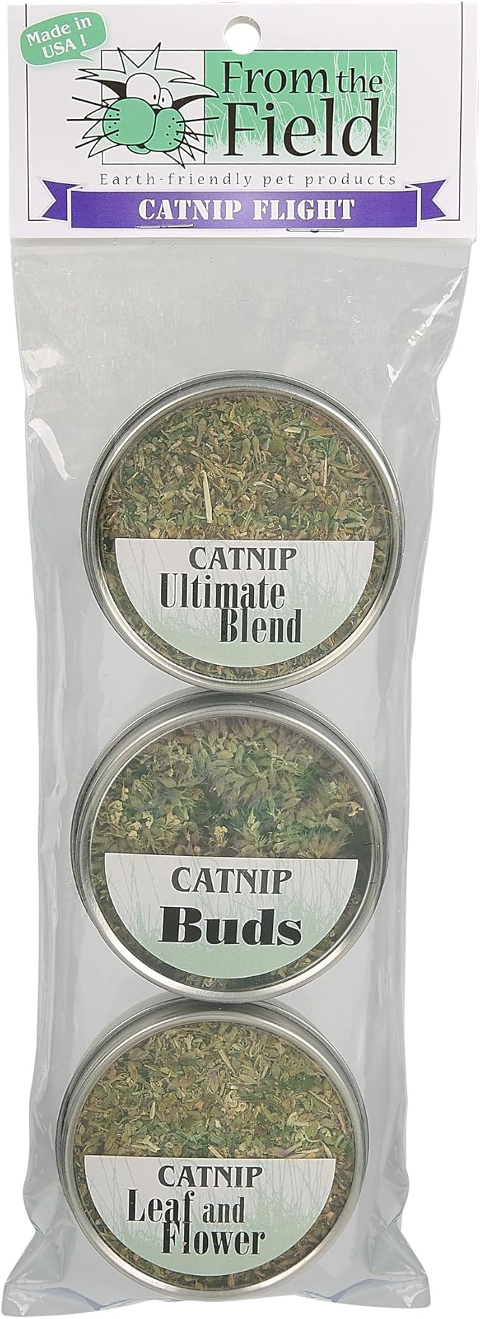 From The Field | Catnip Flight Sampler for Cats | 3 Reusable Tins with USA-Grown Leaf & Flower, Silver Vine Blend, and Catnip Buds | All-Natural Cat Treats for Play & Enrichment
