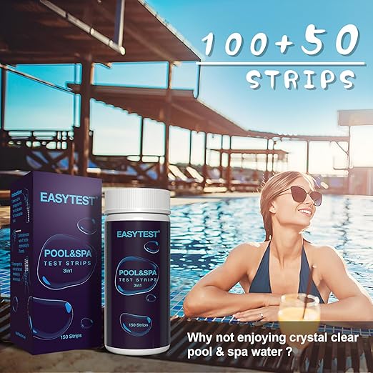 EASYTEST Pool and Spa Test Strips, 150 Strips Pack for Hot tub-Test pH,Total Alkalinity,Free Chlorine and Bromine, Accurate 3 in 1 Pool Water Testing Kit
