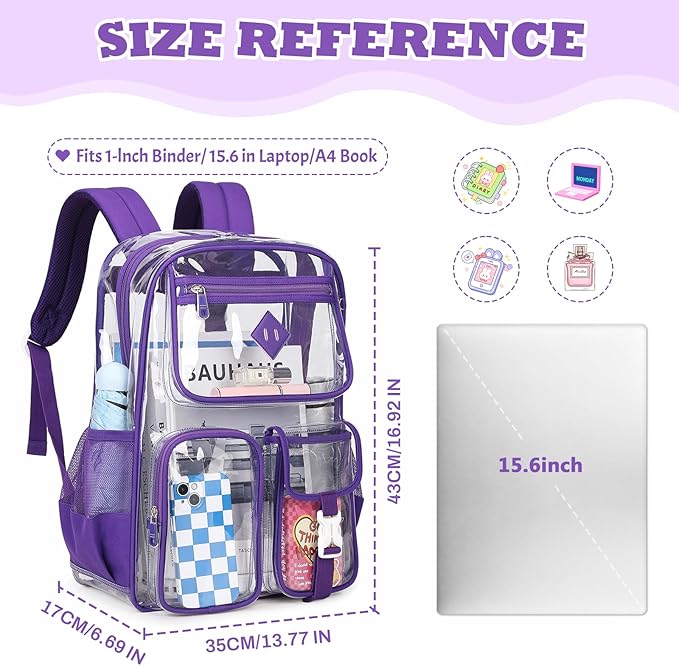 PIG PIG GIRL Clear Backpack for School,Heavy Duty PVC Transparent Bookbag for Girls Stadium Approved See Through Backpack