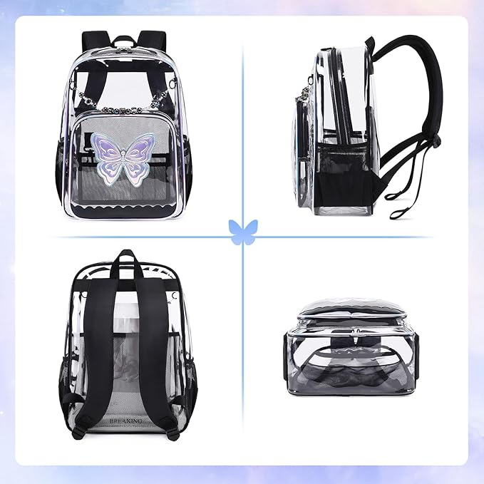 MUSEVOS Clear Backpack, Clear Bookbag for School PVC Heavy Duty Transparent Backpack for Girls, Black Butterfly