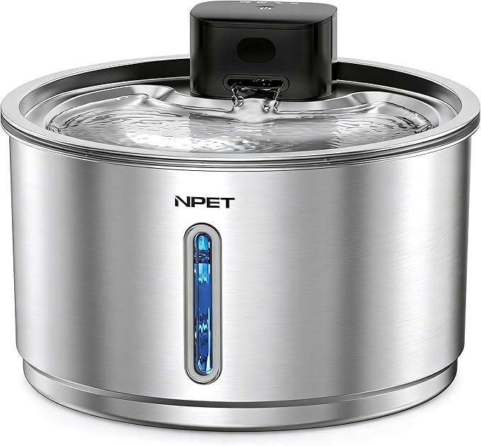 NPET Wireless Cat Water Fountain Stainless Steel, 1 Gallon/135oz Battery Operated Automatic Pet Drinking Fountain - Cordless Dog Water Dispenser with Water Level Window for Cats Indoor