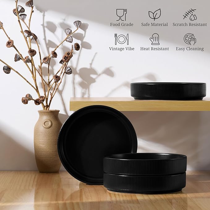 E-far Pasta Bowls Set of 4, 35oz Large Salad Bowl Plate for Dinner Serving Soup, Wide & Shallow Ceramic Stoneware Pasta Plates, Microwave & Dishwasher Safe, Reactive Glaze Texture-Stripe, Matte Black