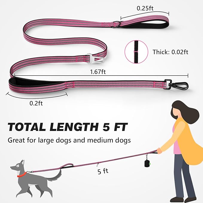 WINGOIN Dog Leash for Large Medium Small Dogs, Heavy Duty Dog Leashes with Double Handle, Poop Bag Holder, Car Seat Belt Buckle, Reflective Tactical Pet Lead for Walking, Training (Pink, 5FT)