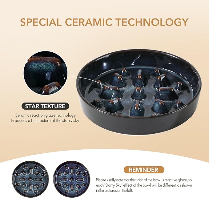 Havniva Elevated Slow Feeder Dog Bowls, 1.6 Cups/8.2 inch Slow Feeders + 7.3 inch Ceramic Dog Food & Water Bowls Set with Acacia Wood Stand Puzzle Bowls for Fast Eater, Medium Dogs Anti-Choking