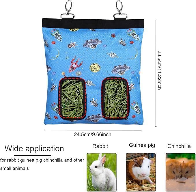 Rabbit Hay Feeder Bag Guinea Pigs Hanging Hay Rack Manger Holder Dispenser Small Animal Feeder Storage Pouch for Bunny Chinchilla Hamster (Pattern Blue, 2 Windows)