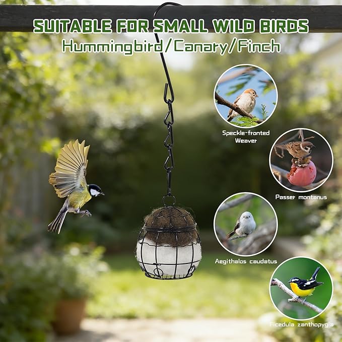 4PCS Bird Nesting Material Holder with 4PCS Nesting Cotton - Rust-Resistant Metal Hanging Nesting Balls for Outdoor Garden, Patio, Tree - Ideal for Hummingbirds, Finches, Canaries & Other Small Birds