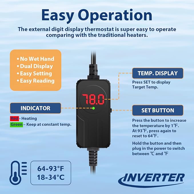 AquaMiracle Submersible Aquarium Heater with LED Digital Temp Display, Fish Tank Heater with Dry-Run & Over-Temp Protection, for Freshwater Saltwater Aquariums(200W/20-40Gal)