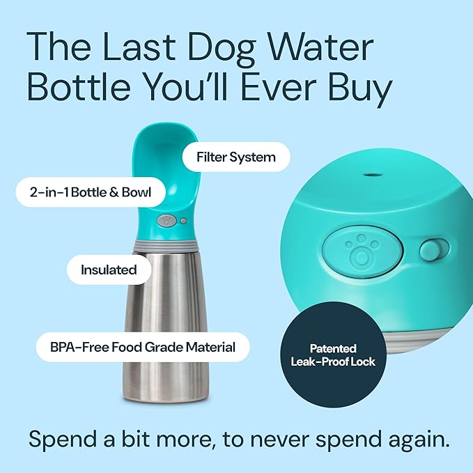 MalsiPree Leak Proof Stainless Steel Portable Dog Water Bottle - 24 oz, Blue Water Dispenser for Pets - Outdoor Dog Travel Water Bottle - for Trail Hiking, Park Visit & Beach Days