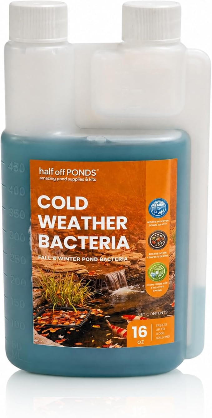Cold Weather Pond Bacteria Treatment with Enzymes, 16 oz | Cold weather formula, breaks down sludge and fish waste, activates at 48°F, fish and plant safe, boosts beneficial bacteria