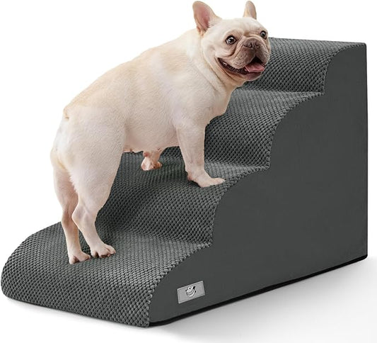 Airpanda Dog Steps for Bed, 4 Step Pet Stairs for Small and Medium Dogs, Non-Slip Dog Ramp with Washable Cover, High-Density Support Foam for Easy Climbing,Grey