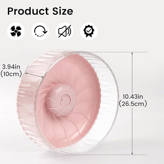 Silent Hamster Wheel, 10in Hamster Wheel No Stand, Double-Bearing Quiet Spinner for Syrian Hamsters, Hedgehogs, Mice & Small Pets, Pink