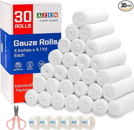 AZEN 30 Pack Gauze Rolls Bandages, 4 in x 4.1 Yards, Premium Medical Supplies & First Aid Supplies, Bandage Wrap Vet Wrap, Mummy Wraps