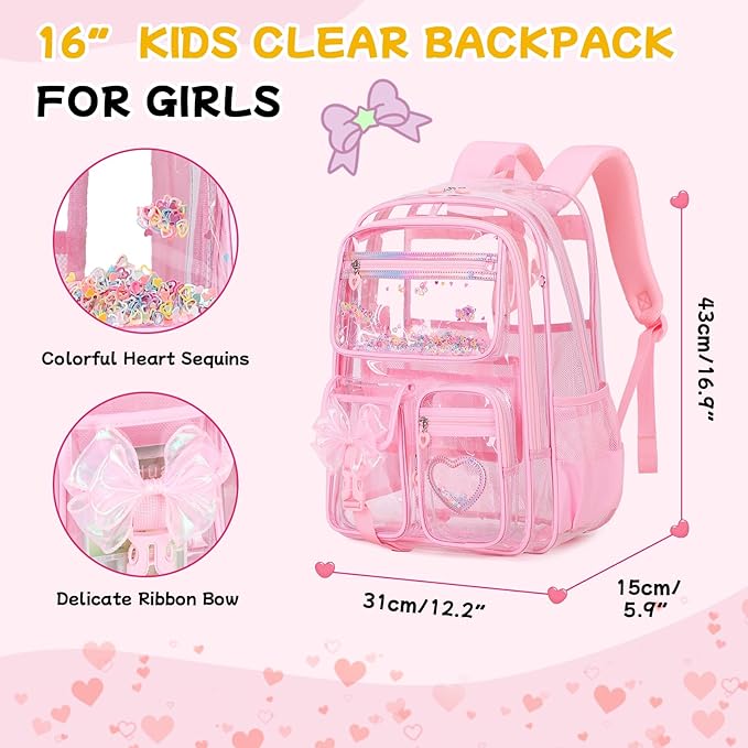 MOONBABY Clear Backpack for Girls, Clear Bookbag Heavy Duty Transparent Backpack for Stadium Events, See Through Back Pack for Kindergarten Elementary Middle High School, Pink