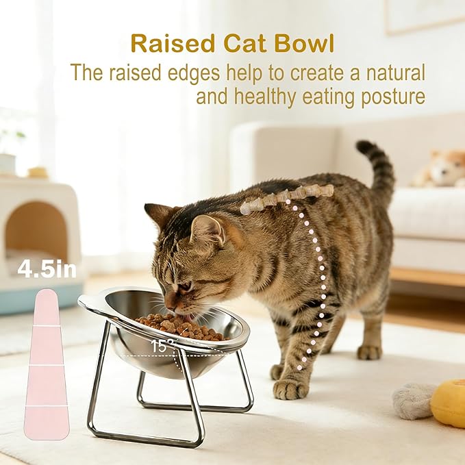 Elevated Cat Bowls, 15°Tilted Stand Whisker Friendly Raised Cat Food & Water Dishes, 5.9 inch Stainless Steel Indoor Anti-Vomiting Small Dog Bowls,Dishwasher Safe,Spine Friendly