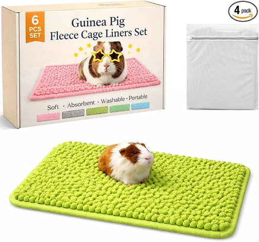 Guinea Pig Fleece Cage Liners Set, 20 * 12In, Washable Absorbent Pee Pads for Small Animals, Non-Slip Bottom, Soft Chenille Fleece Liners for Guinea Pig Cage (4, Green)