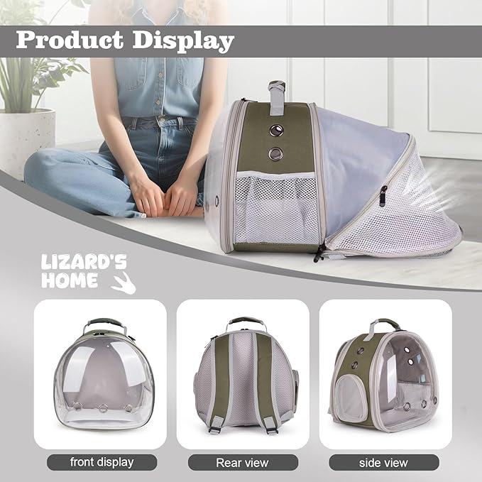 WEVONIGU Expandable Small Animal Backpack Carrier with Clear Bubble Window Large Space Travel Cage for Hedgehog Rat Parrot,Bearded Dragon,Sugar Glider,Airline Approved (Army Green, BE Backpack)
