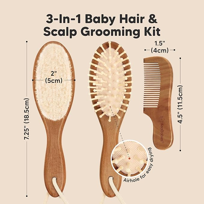 Baby Hair Brush Set for Newborns - Soft Goat Bristle Wooden Baby Brush and Comb Set Newborn Grooming Kit for Cradle Cap, Durable & Gentle, Boy, Girl Infant Essentials Care Kit (Regular, Dark Walnut)