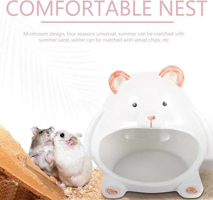 Ipetboom Ceramic Hamster House Small Animal Pet Hideout Bear Shape Ceramic Cool Nest Hamster Bath House Cave Mini Hut Cage for Chinchilla Gerbils Hedgehog