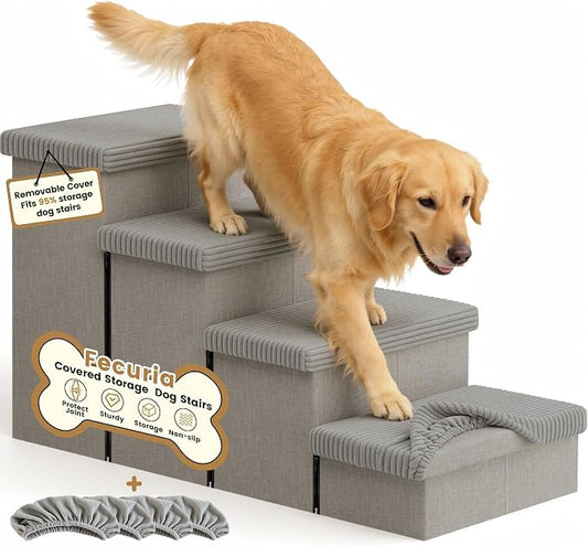 4-Step Wide Dog Stairs 23" H with Removable Cover, Non-Slip Storage Pet Steps for High Bed Couch, Pet Stairs for Small/Medium/Large Old Dogs Puppy Up to 260lbs, Cat Dog Steps for Car, Grey