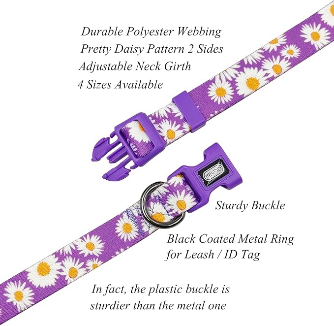 Dog Collar and Leash Set, Cute Daisy Pattern, Polyester Material, 5ft Leash, for Medium Dogs.(Medium,Purple Daisy)