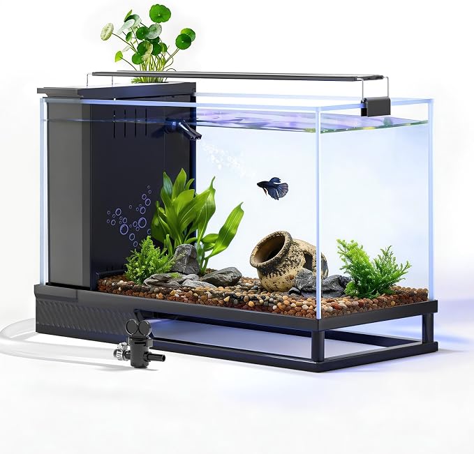 Fish Tank Kit Starter Aquariums 4 Gallon with Bottom Drainage | For small tropical fish, guppies, or betta|with Light and Filter Pump|Multi-stage filtration
