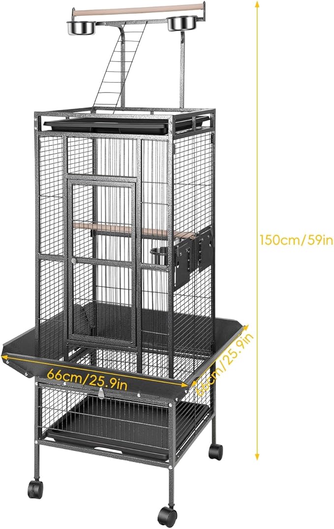 61" Large Parrot Cage with Rolling Stand, Wrought Iron Bird Cage for African Grey Macaw, Corner Design with Rooftop Play Area, Lockable Door & 360° Wheels, Heavy Duty Aviary Black