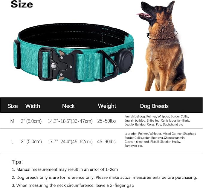 AirTag Dog Collar, 2" Wide Tactical Military Dog Collar with AirTag Holder & 3 Pet Patches, Soft Padded Reflective Waterproof Nylon Collar with Metal Buckle for Medium Dogs (Teal, M)