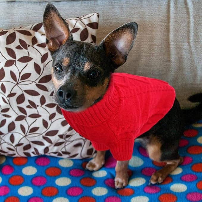 Queenmore Small Dog Pullover Sweater, Cold Weather Cable Knitwear, Classic Turtleneck Thick Warm Clothes for Chihuahua, Bulldog, Dachshund, Pug (Red, Large)