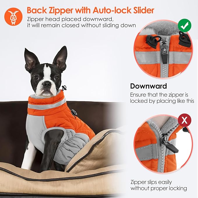 AOFITEE Dog Coat, Warm Dog Winter Coat, Reflective Cold Weather Dogs Puffer Jacket with Harness Built in, Waterproof Pet Fleece Vest Snowsuit for Small Medium Large Dogs, Orange L