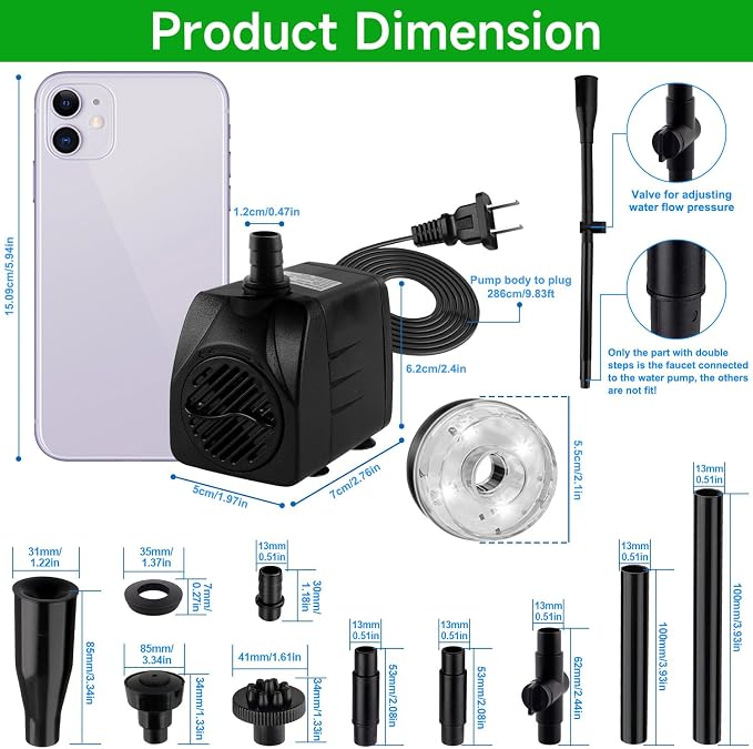 15W 800L/H Submersible Pond Fountain Pump with LED Lights, Ultra Quiet Water Pump, Pond Fountain Pumps for Small Pond, Garden, Aquarium, Fish Tank, Indoor Outdoor Fountain 3 Type Nozzle (White)