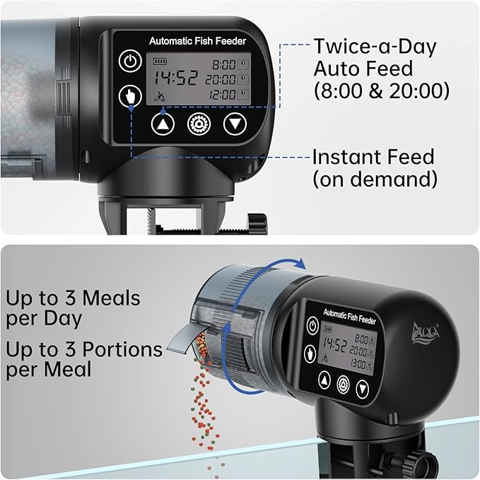 AQQA Automatic Fish Feeder 200ML, Programmable LCD Timer Auto Aquarium Feeder, Moisture-Proof Silent Fish Food Dispenser, Vacation Auto Feeder for Small Tank Betta Fish Turtle