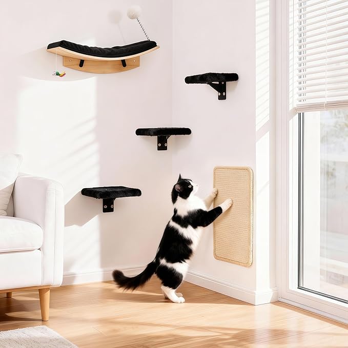 5 in 1 Cat Furniture Set with Soft Curved Pad，Modern Space-Saving Wall Mounted Shelves for Play & Rest