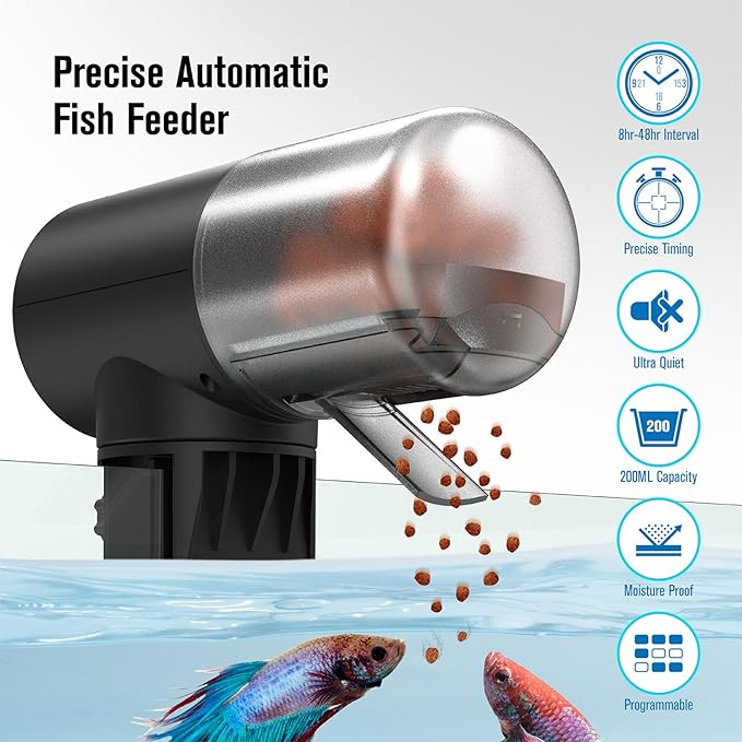 Automatic Fish Feeder for Aquarium, Vacation, 7, 14 Day Auto Food Dispenser with Timer, 200ml Large Capacity, Battery Powered, Ideal for Turtle/Fish Tank Aquarium Accessories, Batteries Included