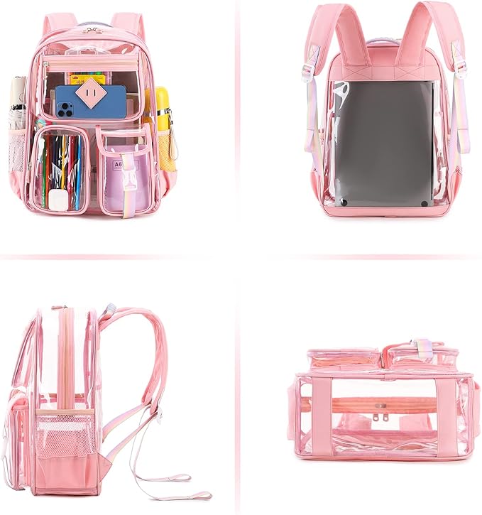 PIG PIG GIRL Clear Backpack for School,Heavy Duty PVC Transparent Bookbag for Girls Stadium Approved See Through Backpack