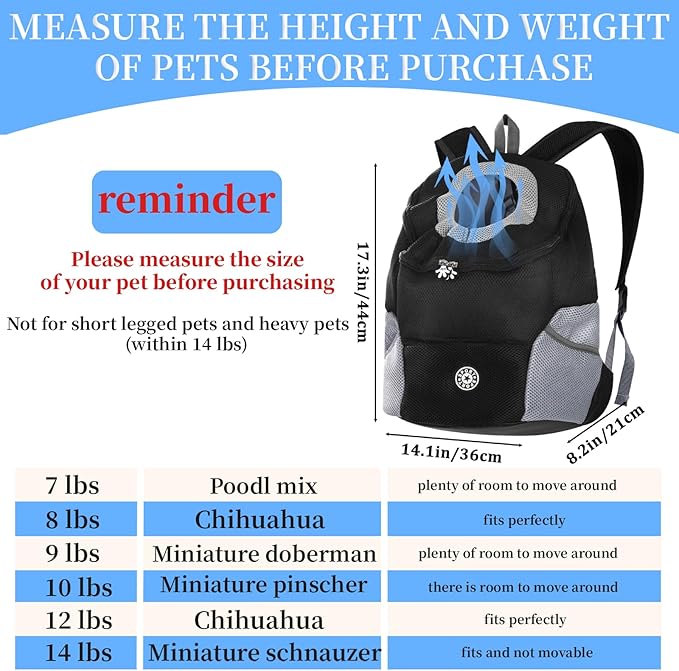 Adjustable Pet Dog Carrier Backpack,Ventilated Breathable Pet Carrier for Small Dogs Cats,Cat Carrier Backpack with Safety Belt for Travel Hiking Outdoor,Max 14 lbs,Black