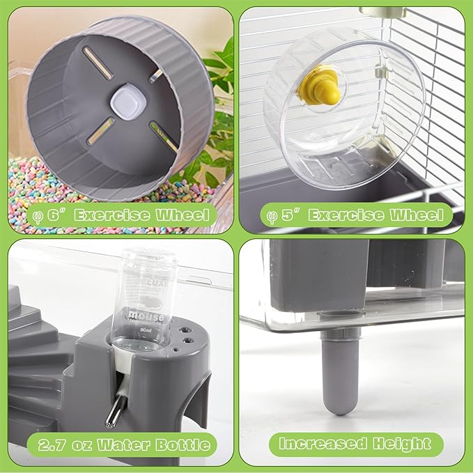 3-Tier Hamster Cage Starter Kit 18″Lx11″Wx23″H for Dwarf Hamsters Only with 2 Platforms, 3 Tube Ports, Bathtub, Food Bowl, Steps, 2 Silent Wheels, 3 Doors, House, Water Bottle